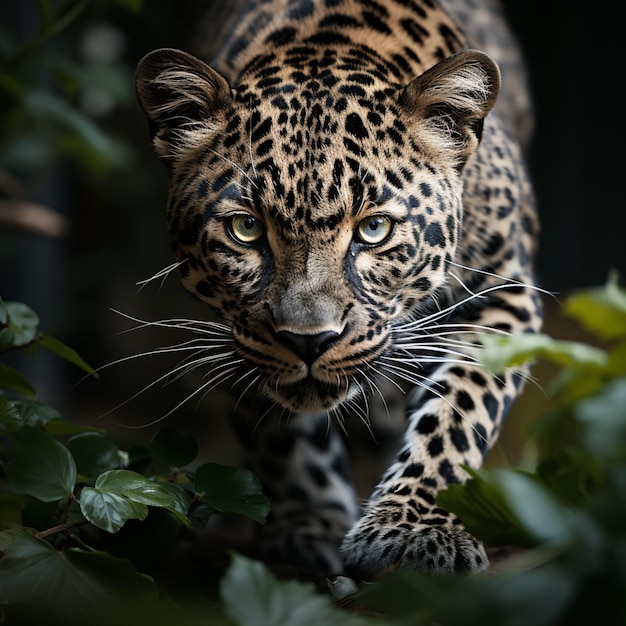 A leopard is walking through the leaves and is looking at the camera