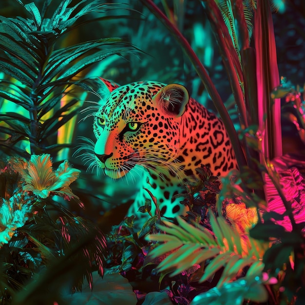 Photo leopard in the jungle at night colorful neon light