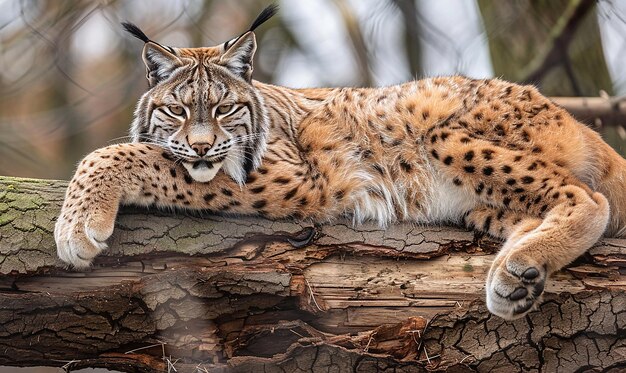 a leopard laying on a log with a mirror behind it