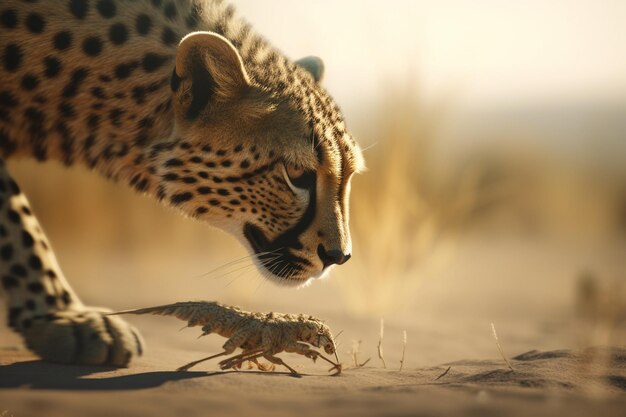 A leopard and a lizard are fighting for a lizard.