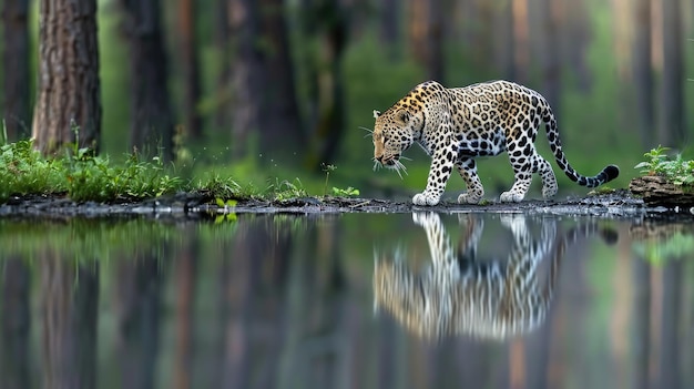 Photo a leopard looks intently at its reflection in a puddle of water in a lush green environment