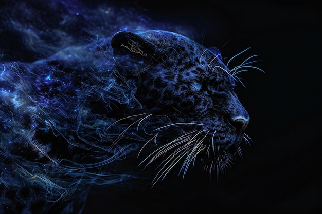 Leopard portrait with blue smoke on black background