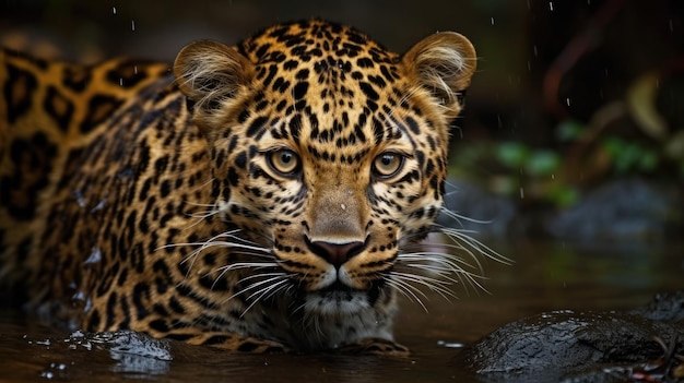 A leopard in a river with a rain drop