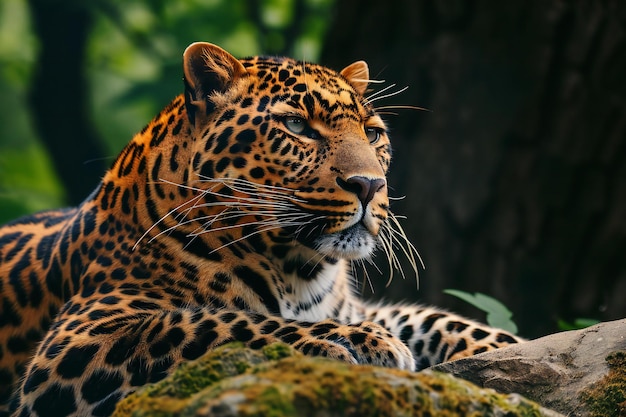 Leopard on the rock in the forest Closeup portrait