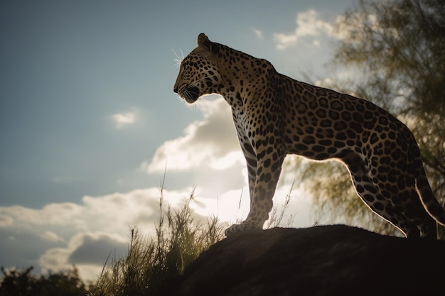 A leopard on a rock in the sun