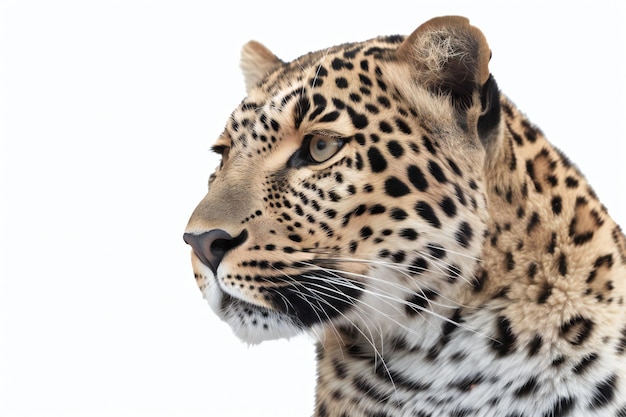 A leopard's face is shown against a white background.