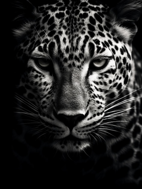 A leopard's face is shown in black and white.