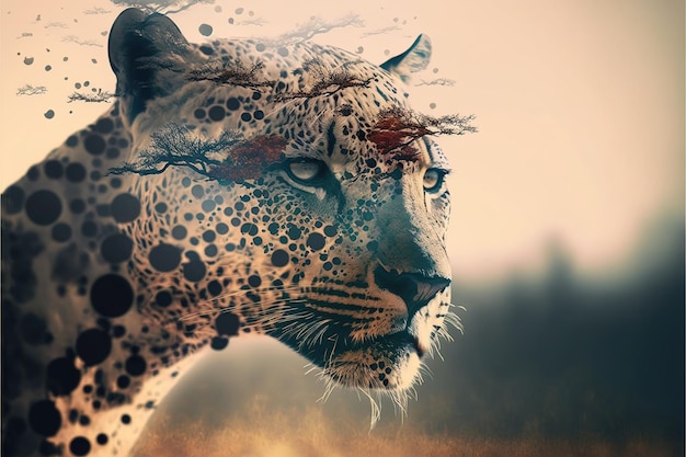 Leopard in savannah double exposure with african forest background