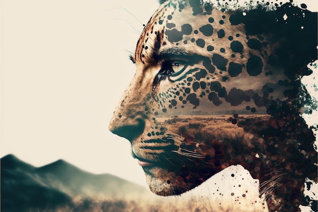 Leopard in savannah double exposure with african forest background