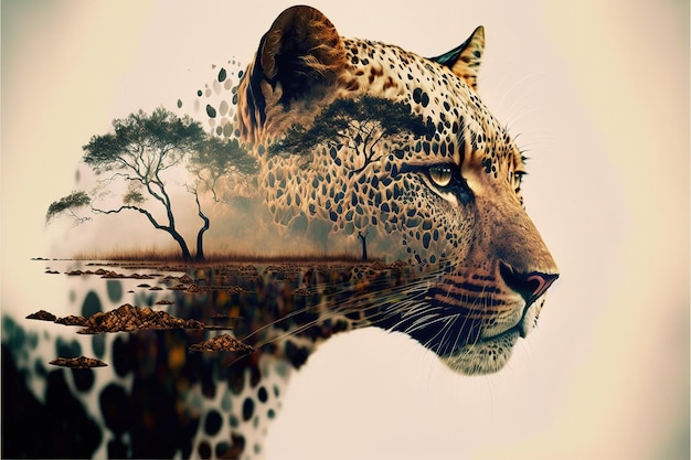 Leopard in savannah double exposure with african forest background