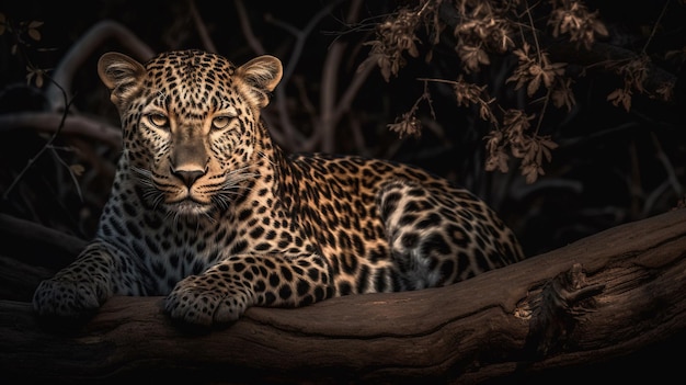 A leopard sits on a branch in the dark.