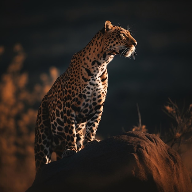 A leopard sits on a rock in the desert.