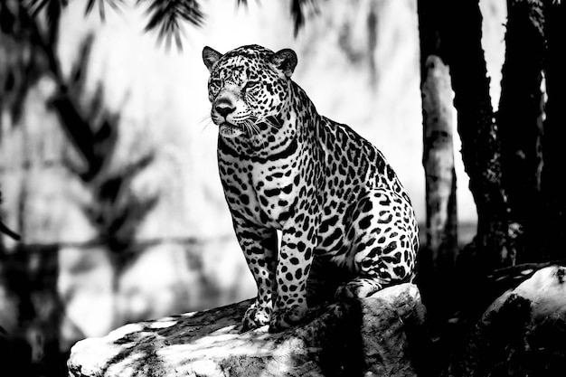 Photo a leopard sits on a rock in front of a palm tree