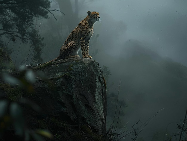 a leopard sits on a rock in the jungle