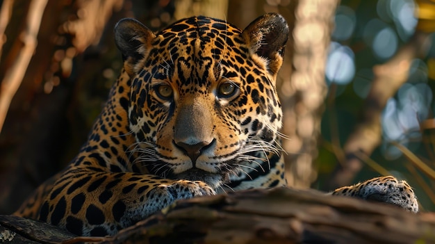 a leopard sits on a tree branch in front of a tree