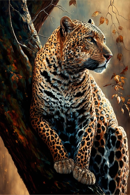 A leopard sits on a tree branch in a painting.