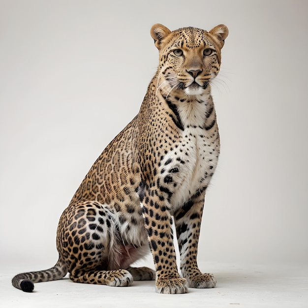 a leopard sits on a white background with a gray background