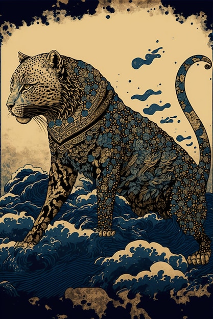 Leopard sitting on top of a wave in the ocean generative ai