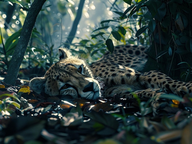 a leopard sleeping in the jungle with its head down