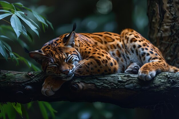 Photo a leopard sleeping on a tree branch with a green background