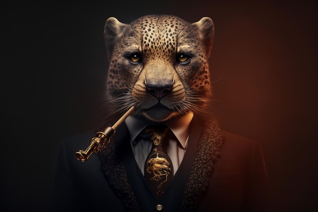 A leopard smoking a pipe in a suit