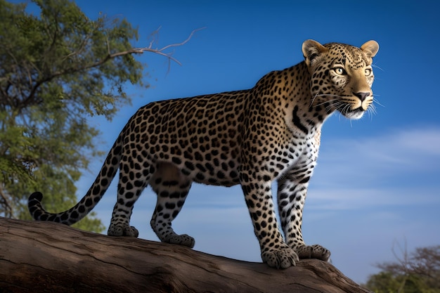 A leopard standing on a tree branch with a blue sky in the background.