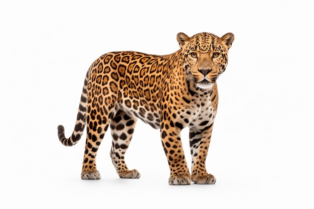 A leopard standing on a white background