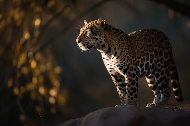 A leopard stands on a rock in the dark