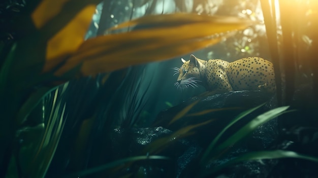 Photo leopard swimming under the sea with the sun shining through the water