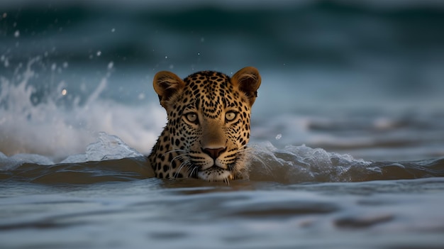 A leopard swims through the water in brazil.