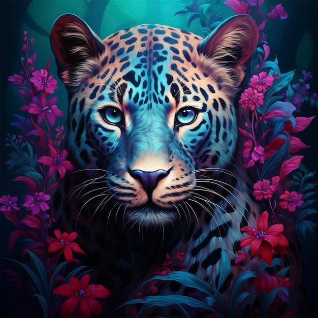 Leopard in tropical flowers and leaves Picturesque portrait of Cheetah Digital illustration