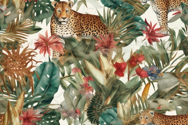 Leopard in a tropical jungle perfect seamless watercolour repeating pattern Generative ai