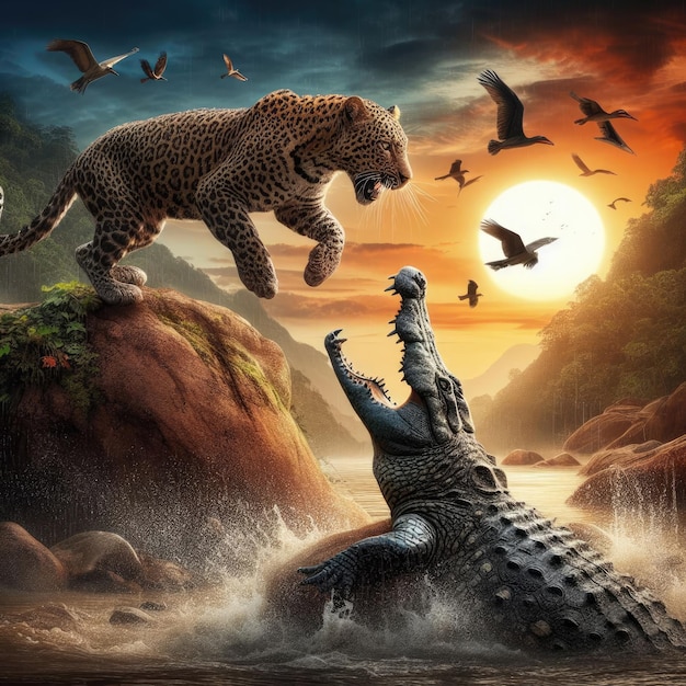 Leopard vs Crocodile background