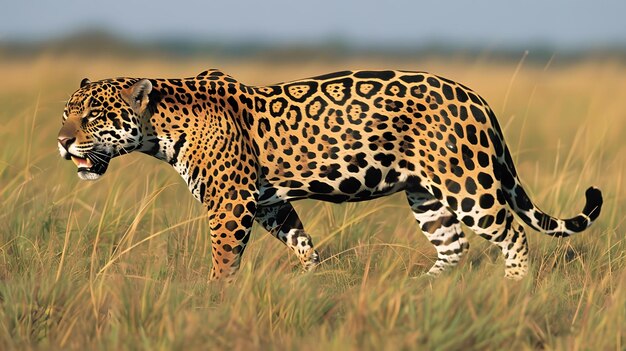 a leopard walks through tall grass with a sky background