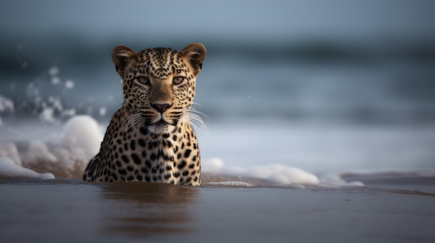 A leopard in the water is seen in this image from brazil.