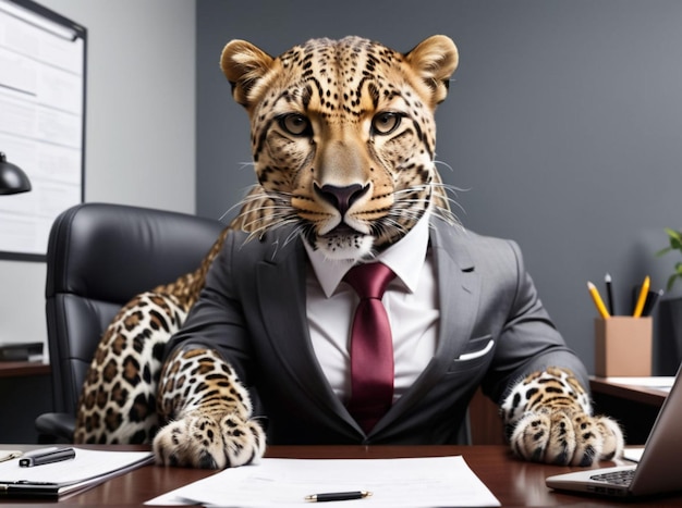 a leopard wearing a suit and tie sits at a desk with a pen and paper