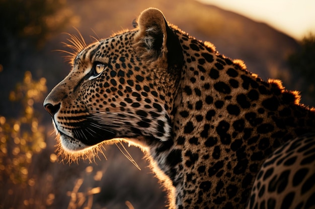 A leopard in the wild with the sun setting