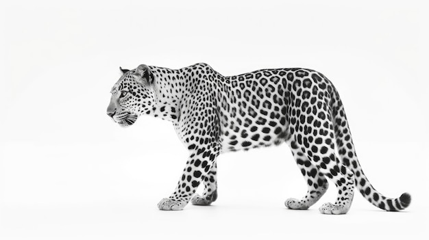 A leopard with black spots stands in front of a white background.