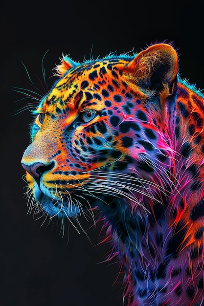 a leopard with a colorful pattern on its face