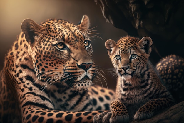 Leopard with cub in natural habitat Generative AI