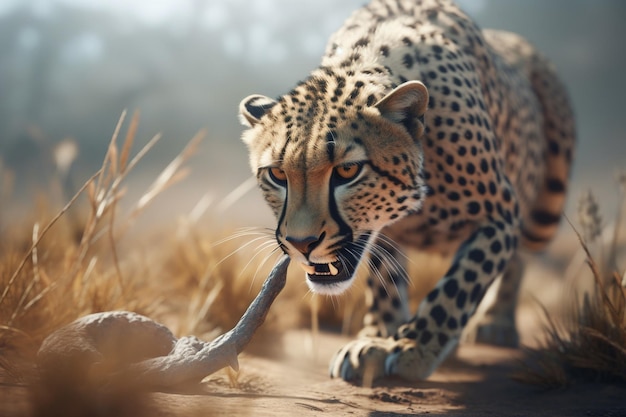 A leopard with a dead mouse in its mouth