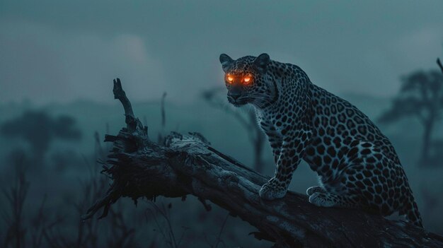 Photo a leopard with glowing eyes looks at the camera