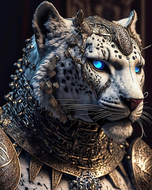 A leopard with a gold chain around his neck and a blue eyes.