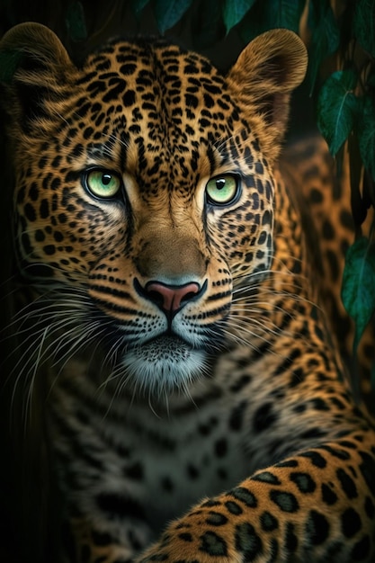 A leopard with green eyes sits in a dark forest.