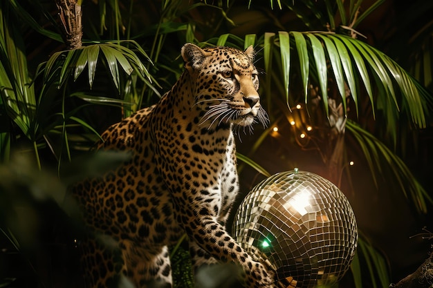 A Leopard with a Mirror Ball at a Jungle Party Event