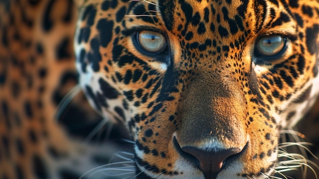 a leopard with a yellow eye and a black and white leopard on the side