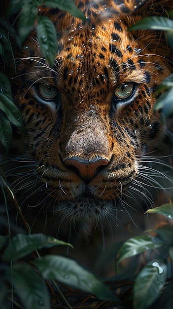 a leopard with a yellow eye and a black and white pattern