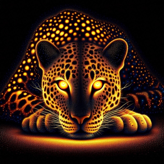 The leopards only visible features are its glowing black and gold spots