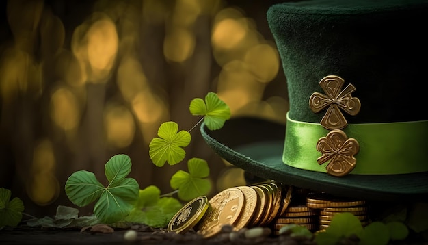 A leprechaun hat and coins are on a table.