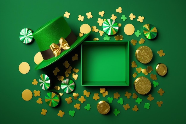 A leprechaun hat and gold confetti on a green background